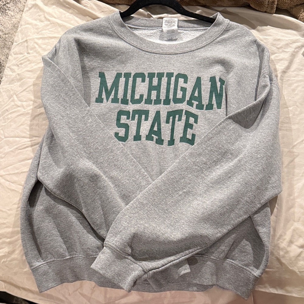 Gildan Gray Sweatshirt with Green Michigan State Logo